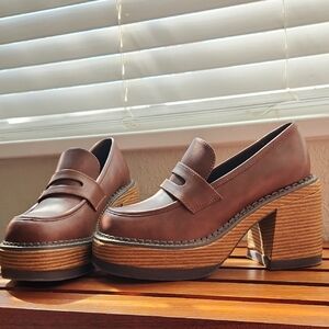 Brown Chunky Heel Loafers platform